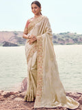 Fantabulous Beige Heavy Embroidery Satin Designer Saree With Blouse