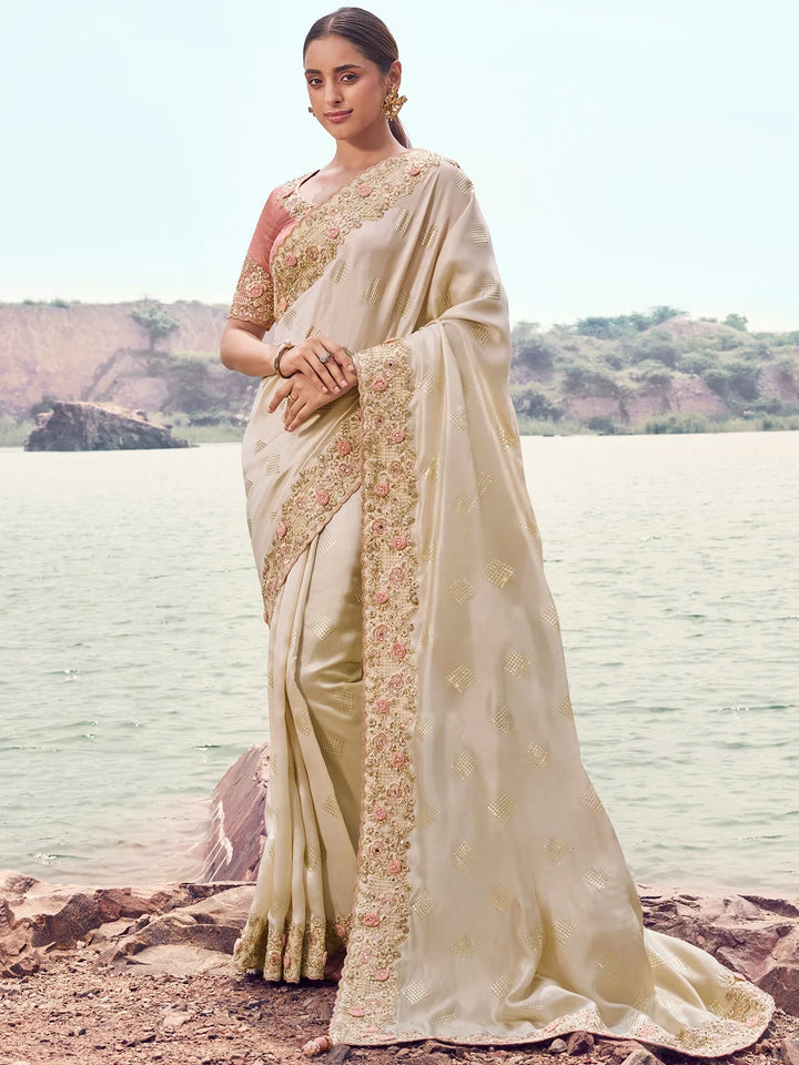 Fantabulous Beige Heavy Embroidery Satin Designer Saree With Blouse