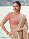 Fantabulous Beige Heavy Embroidery Satin Designer Saree With Blouse