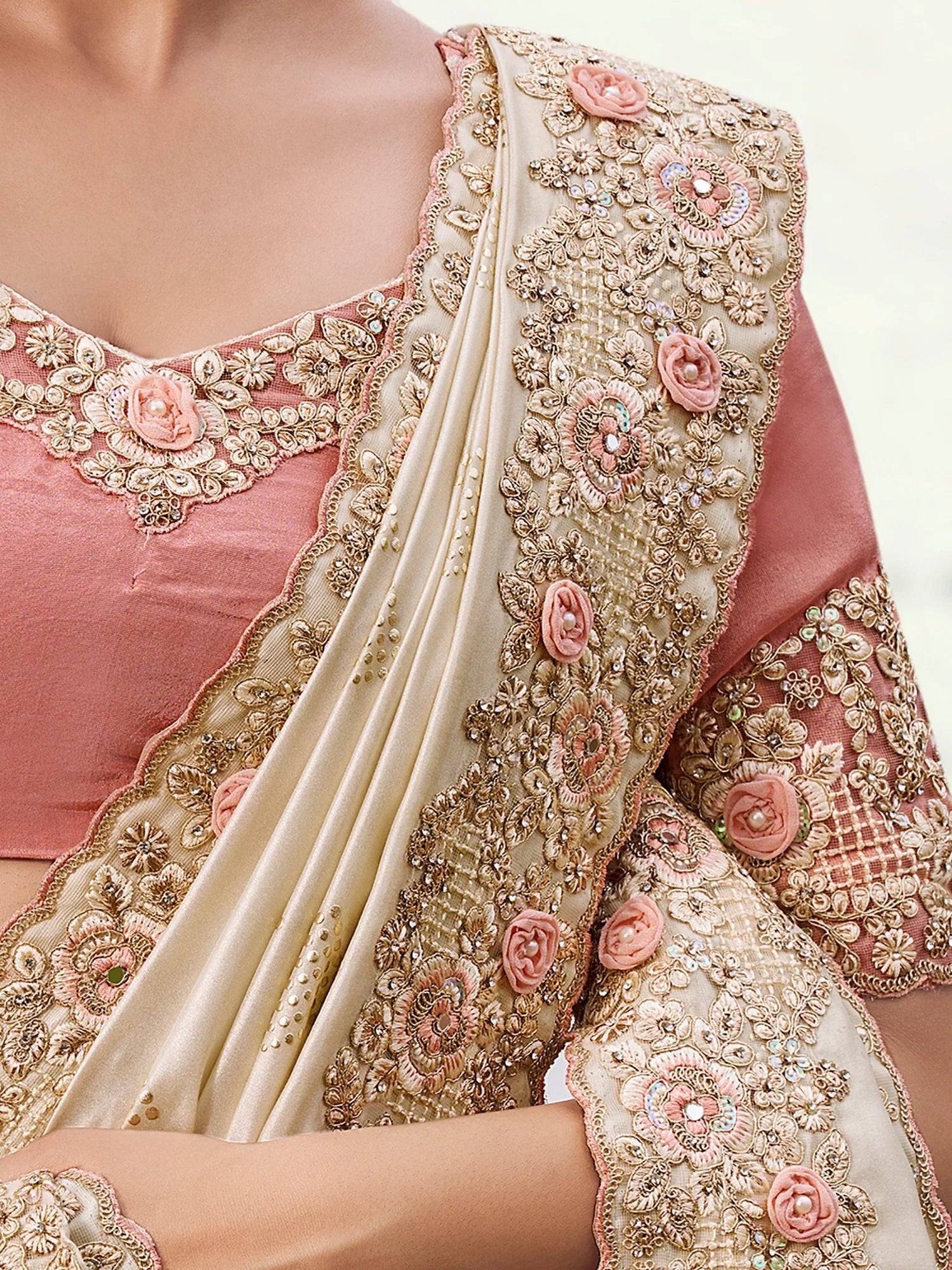 Fantabulous Beige Heavy Embroidery Satin Designer Saree With Blouse