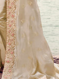 Fantabulous Beige Heavy Embroidery Satin Designer Saree With Blouse