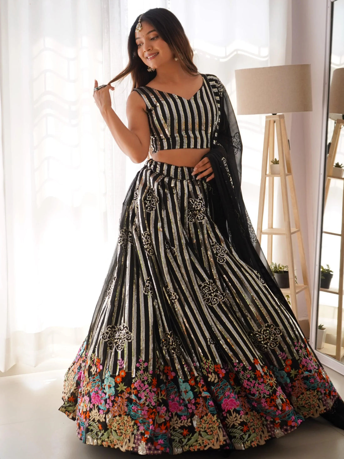 Fantabulous Black Sequins Georgette Sangeet Wear Lehenga Choli With Dupatta - Zeel Clothing