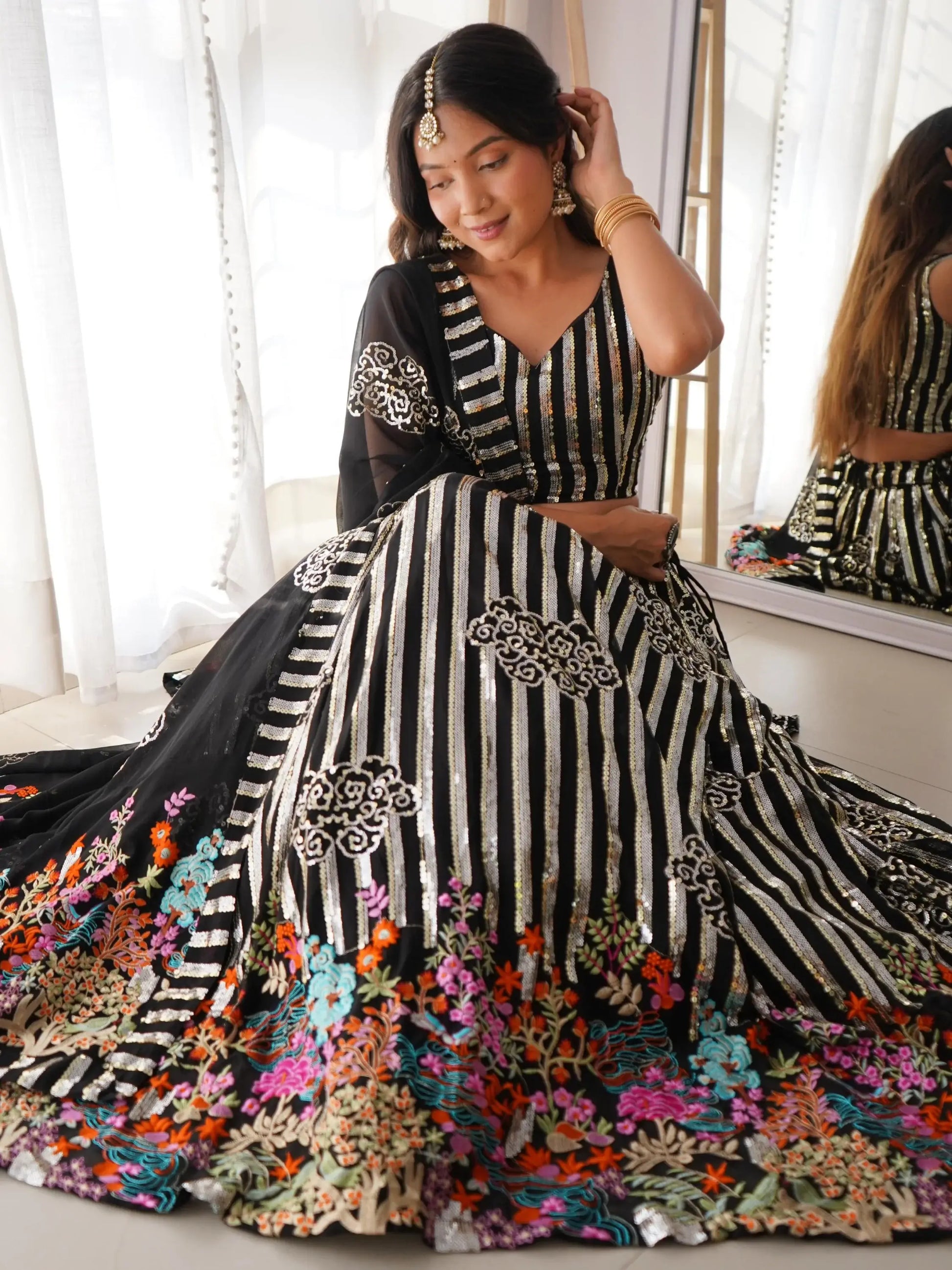 Fantabulous Black Sequins Georgette Sangeet Wear Lehenga Choli With Dupatta - Zeel Clothing