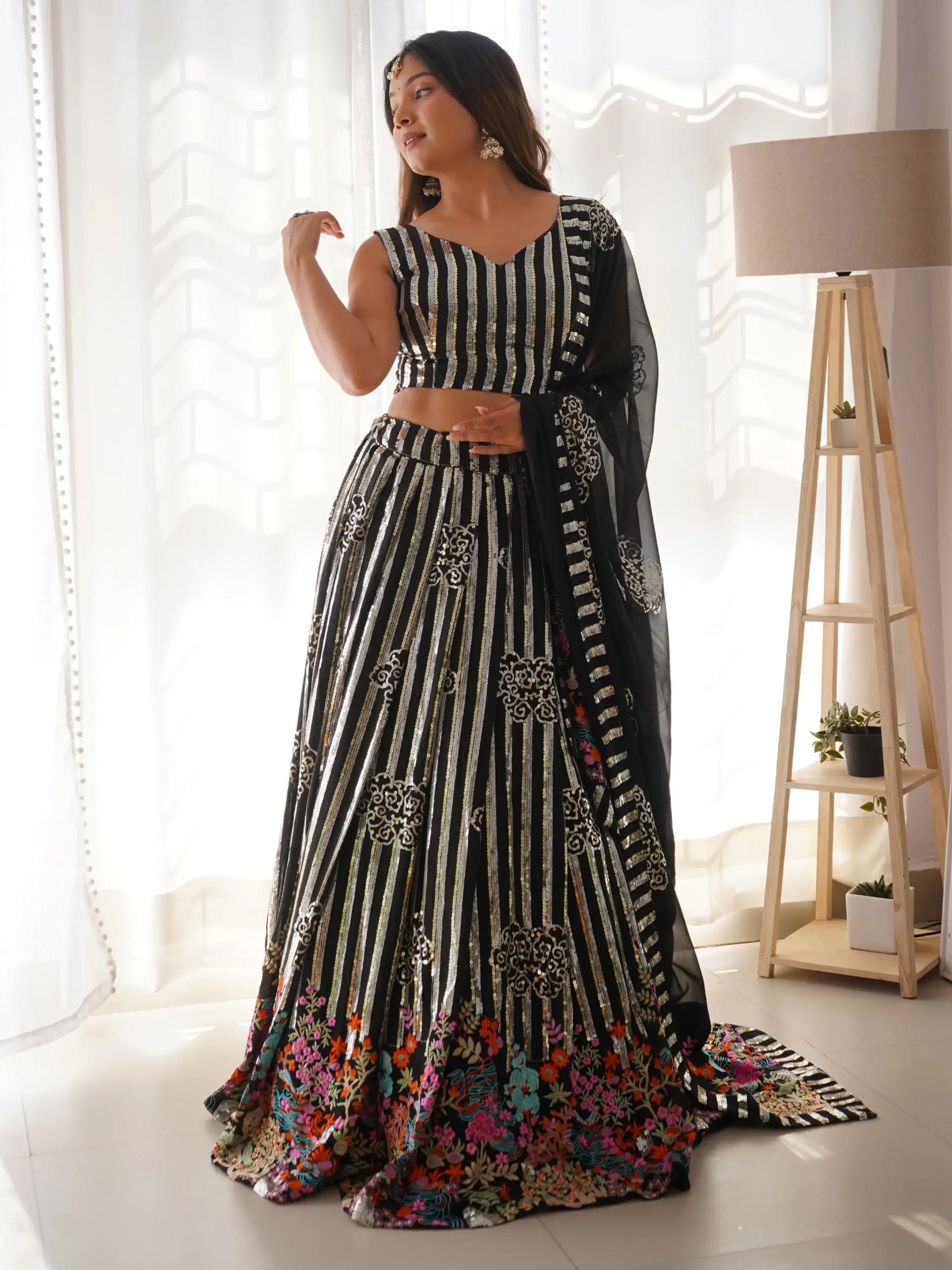 Fantabulous Black Sequins Georgette Sangeet Wear Lehenga Choli With Dupatta - Zeel Clothing