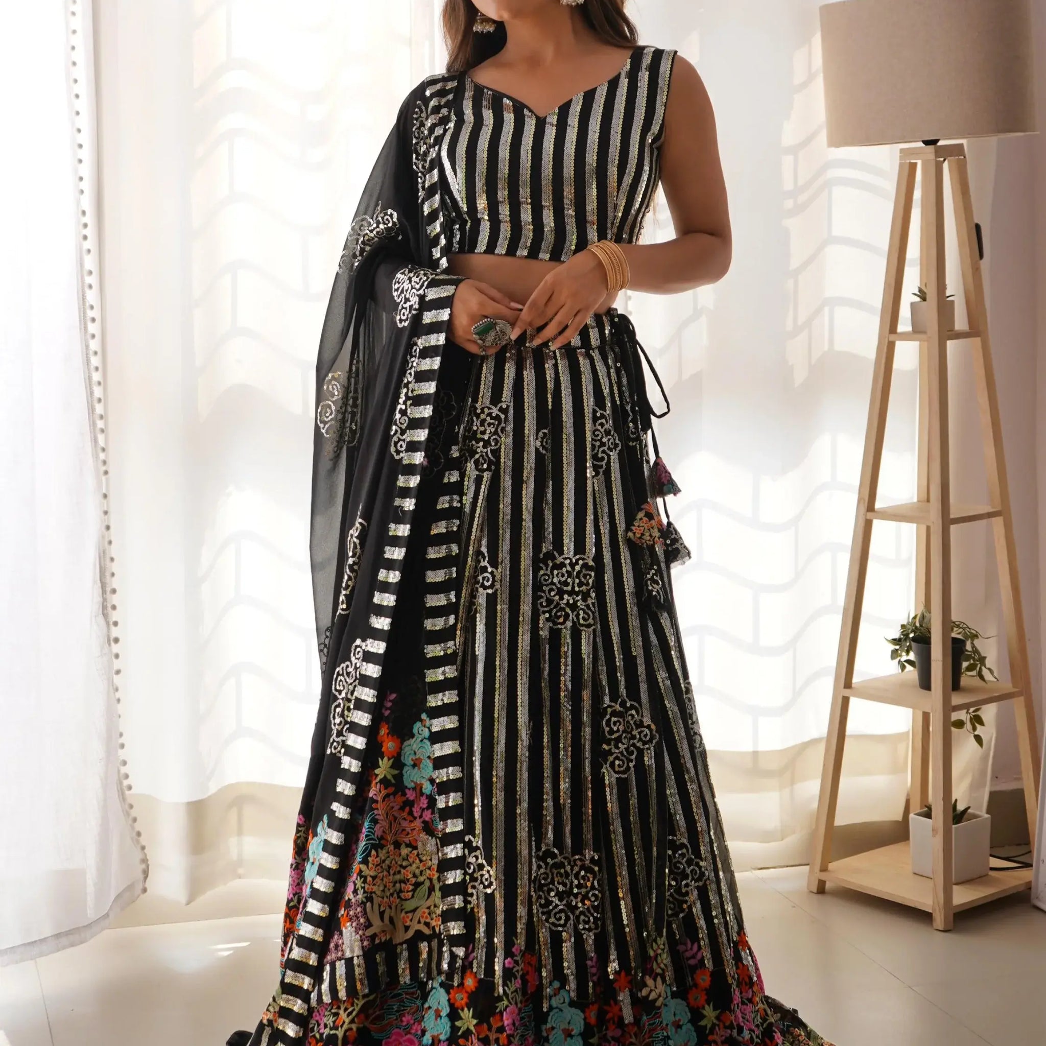 Fantabulous Black Sequins Georgette Sangeet Wear Lehenga Choli With Dupatta - Zeel Clothing