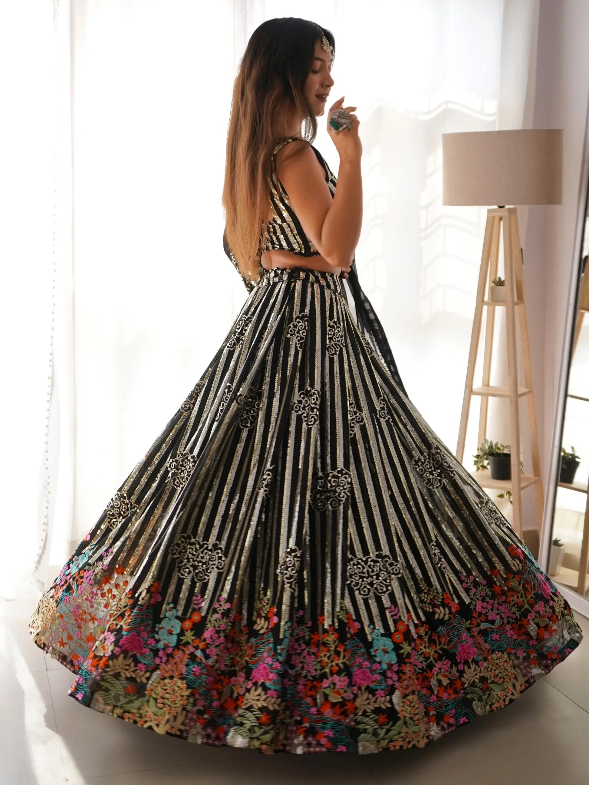 Fantabulous Black Sequins Georgette Sangeet Wear Lehenga Choli With Dupatta - Zeel Clothing
