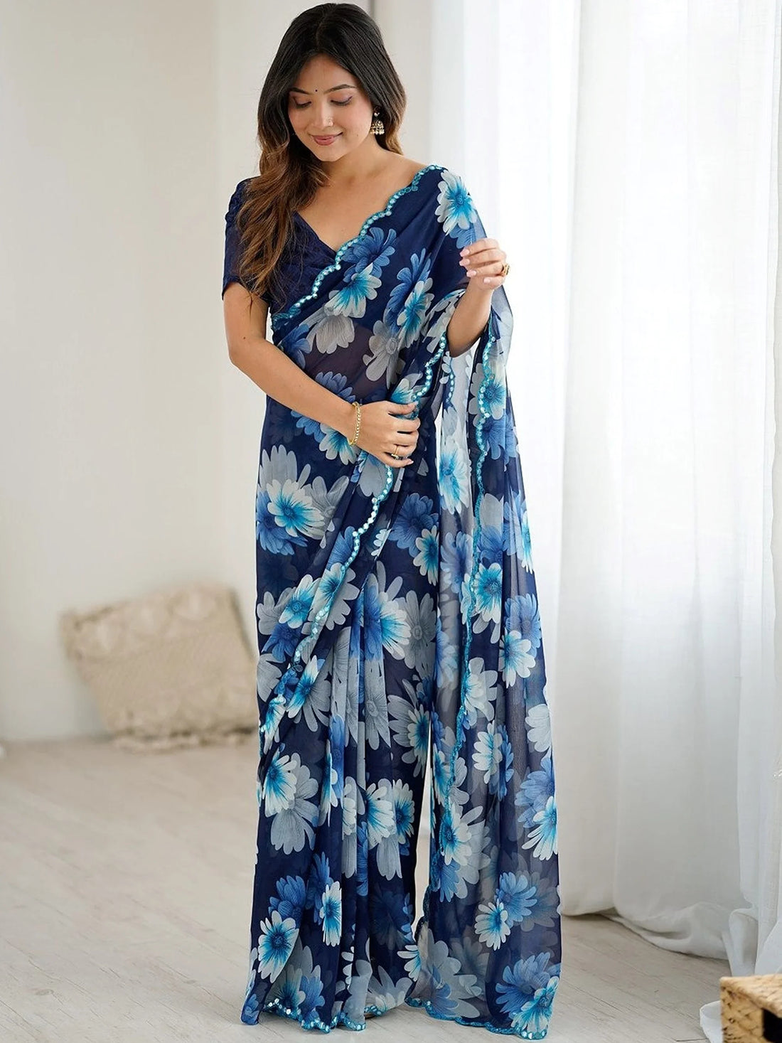 Fantabulous Blue Floral Printed Georgette Function Wear Saree With Blouse