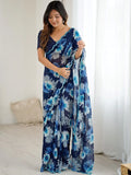 Fantabulous Blue Floral Printed Georgette Function Wear Saree With Blouse