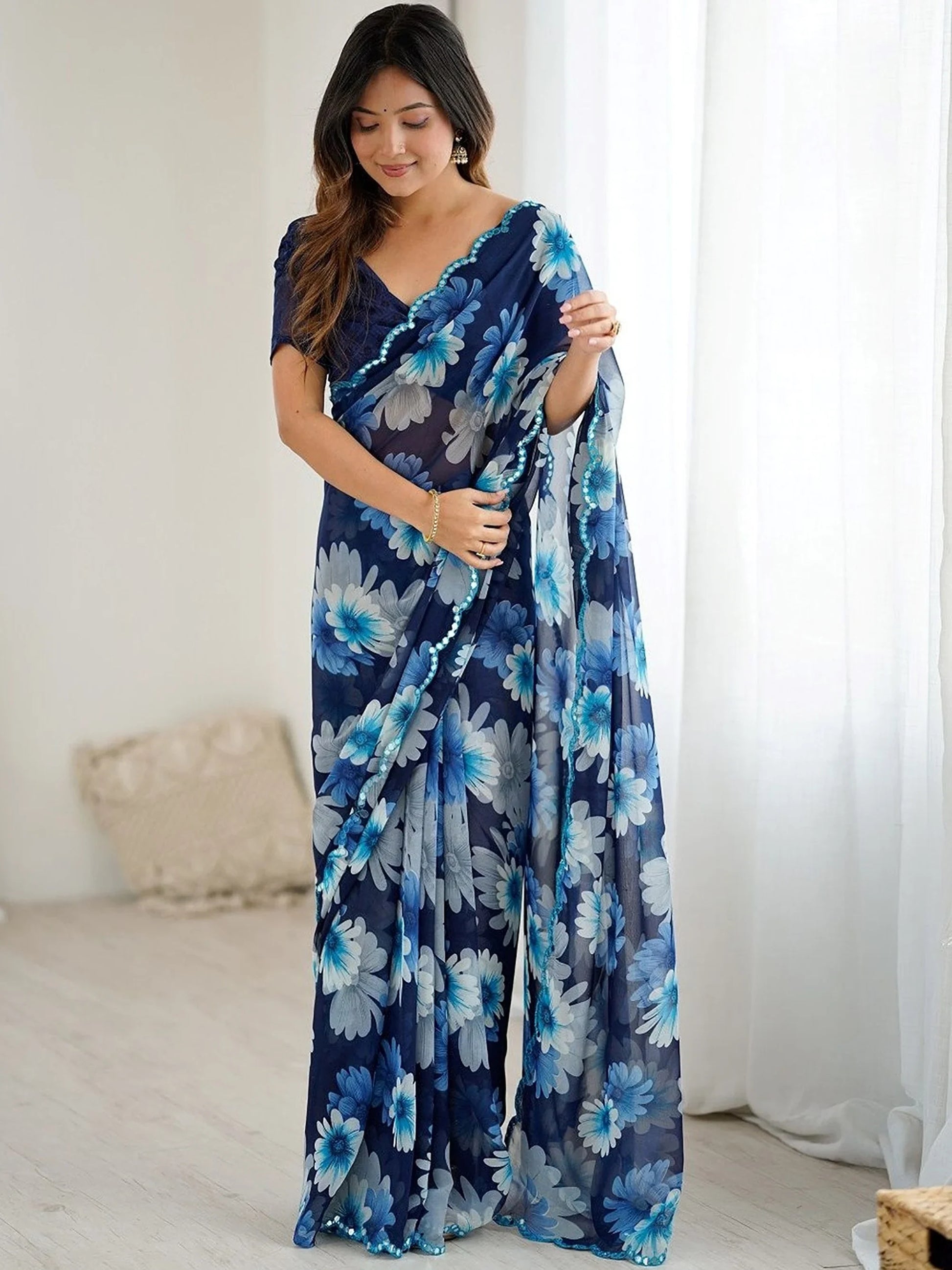 Fantabulous Blue Floral Printed Georgette Function Wear Saree With Blouse
