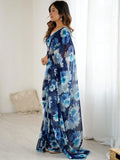 Fantabulous Blue Floral Printed Georgette Function Wear Saree With Blouse