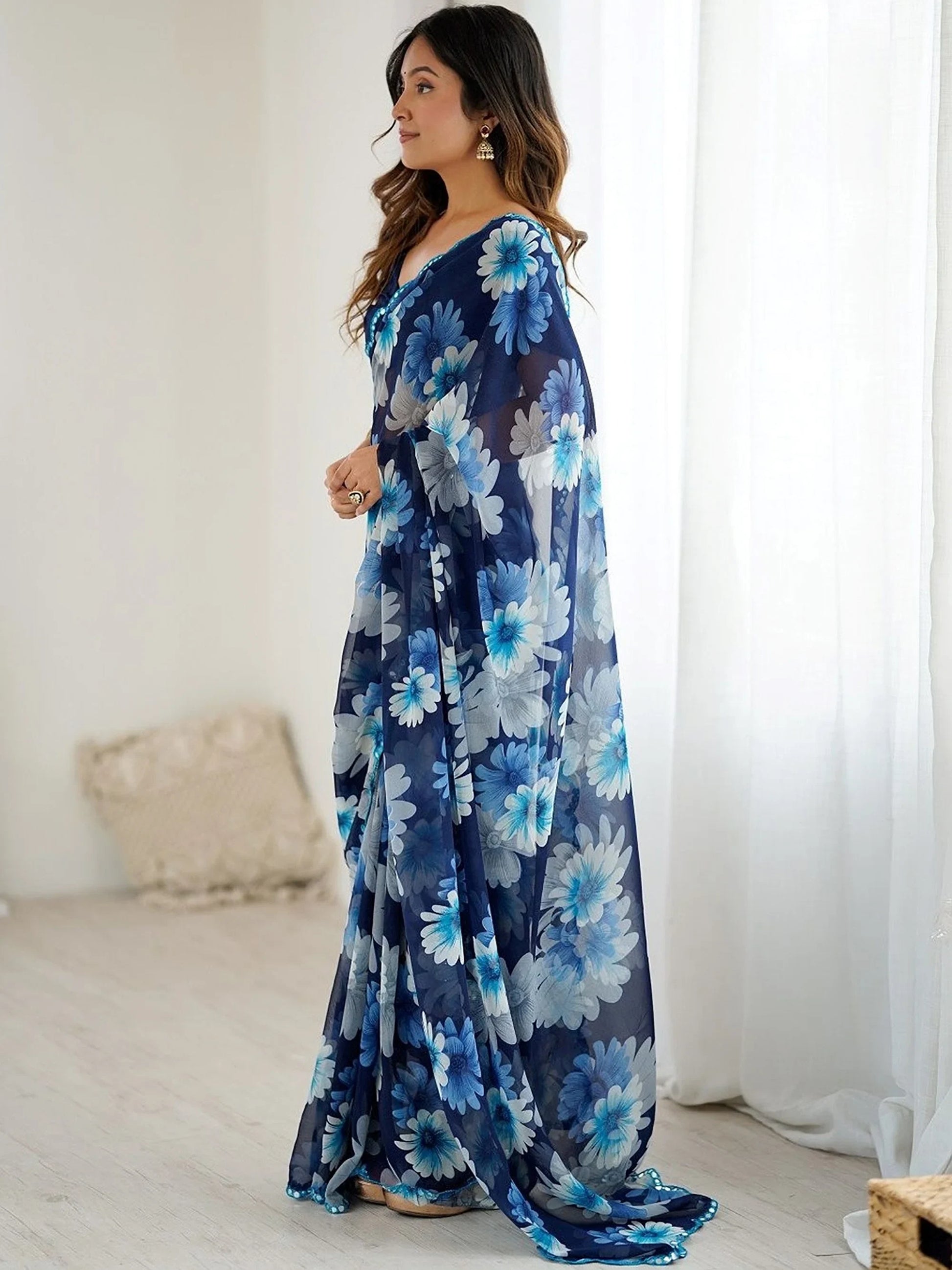 Fantabulous Blue Floral Printed Georgette Function Wear Saree With Blouse