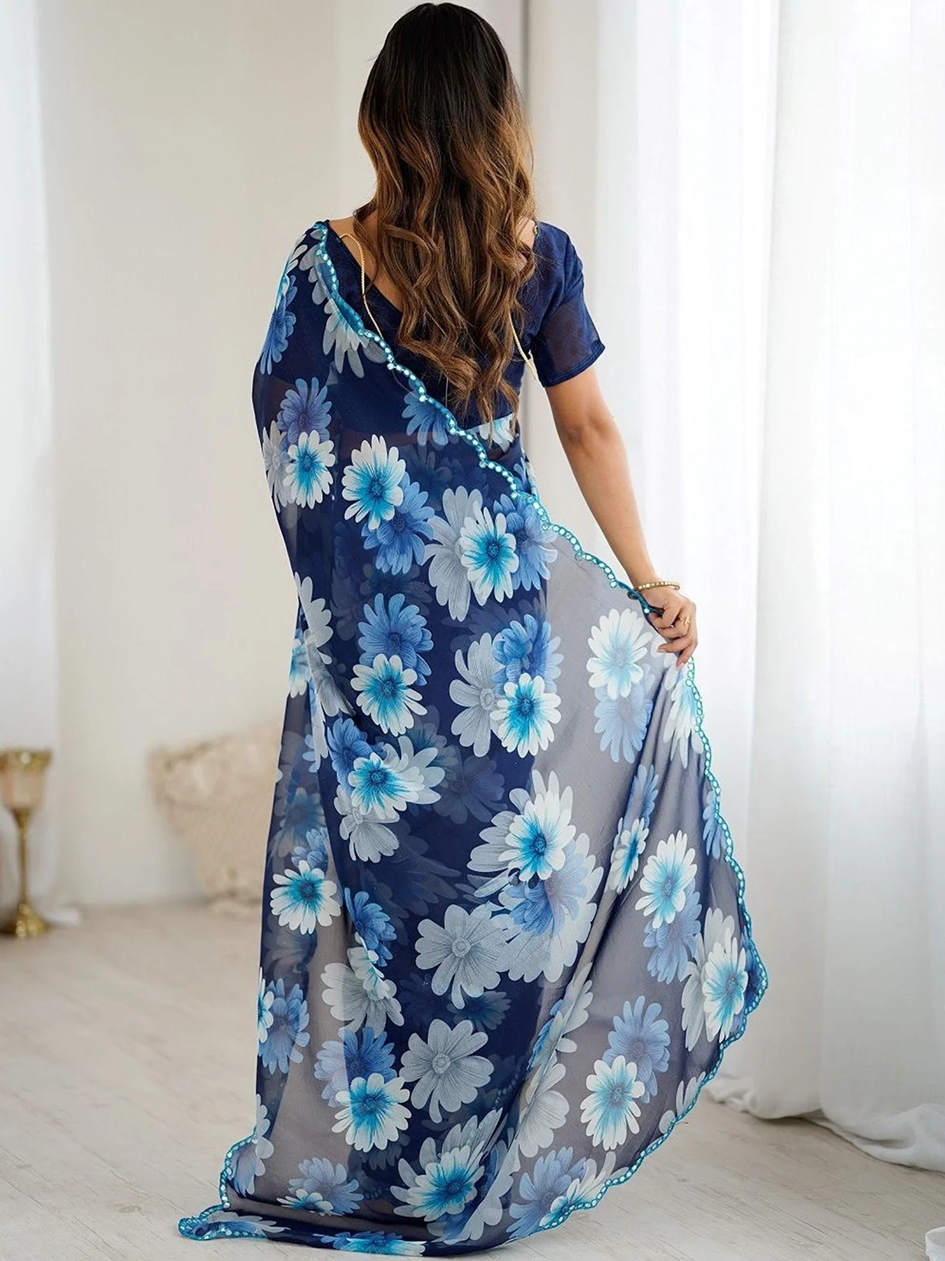 Fantabulous Blue Floral Printed Georgette Function Wear Saree With Blouse