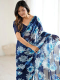 Fantabulous Blue Floral Printed Georgette Function Wear Saree With Blouse