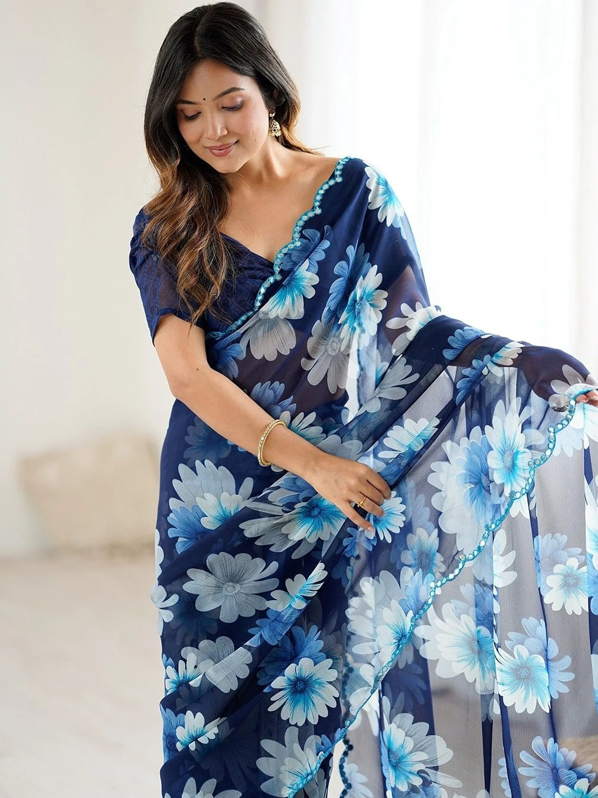 Fantabulous Blue Floral Printed Georgette Function Wear Saree With Blouse