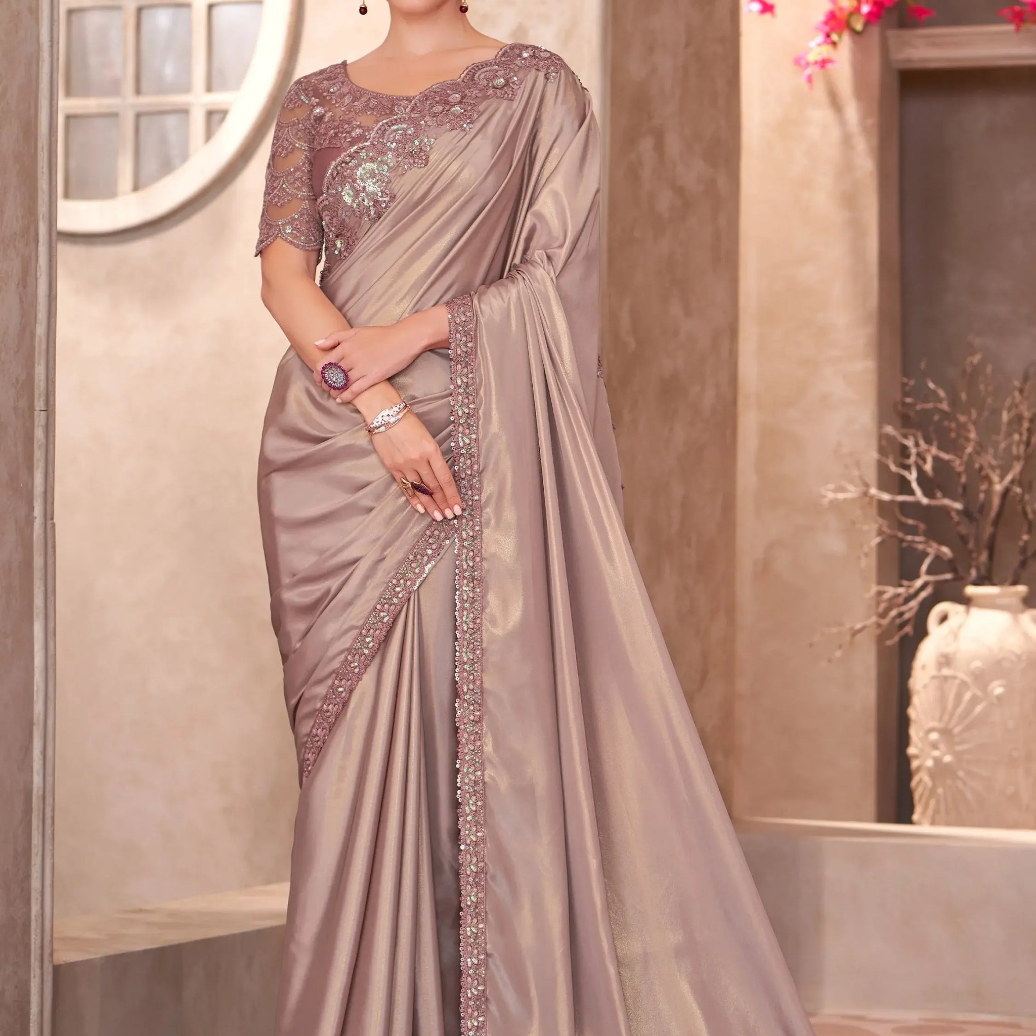 Fantabulous Brown Border Work Crepe Party Wear Saree With Blouse - Zeel Clothing