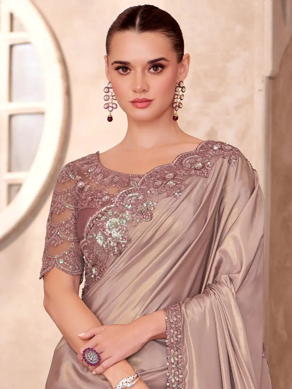Fantabulous Brown Border Work Crepe Party Wear Saree With Blouse - Zeel Clothing
