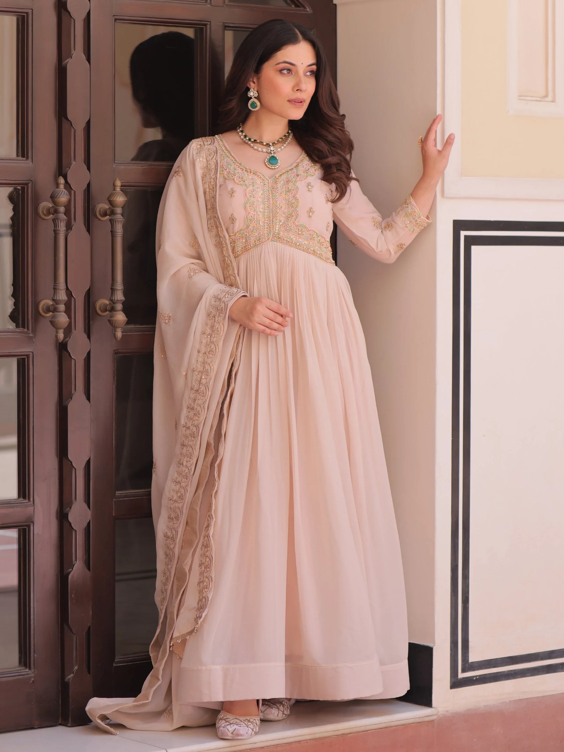 Fantabulous Cream Multi Thread Work Georgette Festive Wear Gown