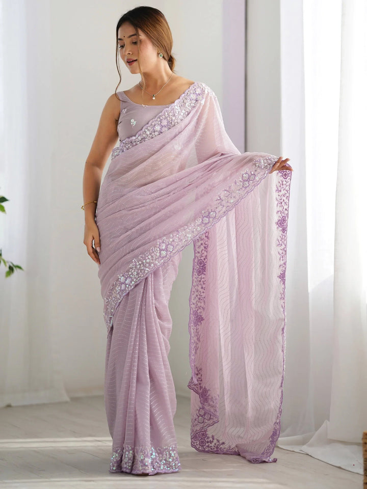 Fantabulous Lavender Embroidered Georgette Wedding Wear Saree - Zeel Clothing