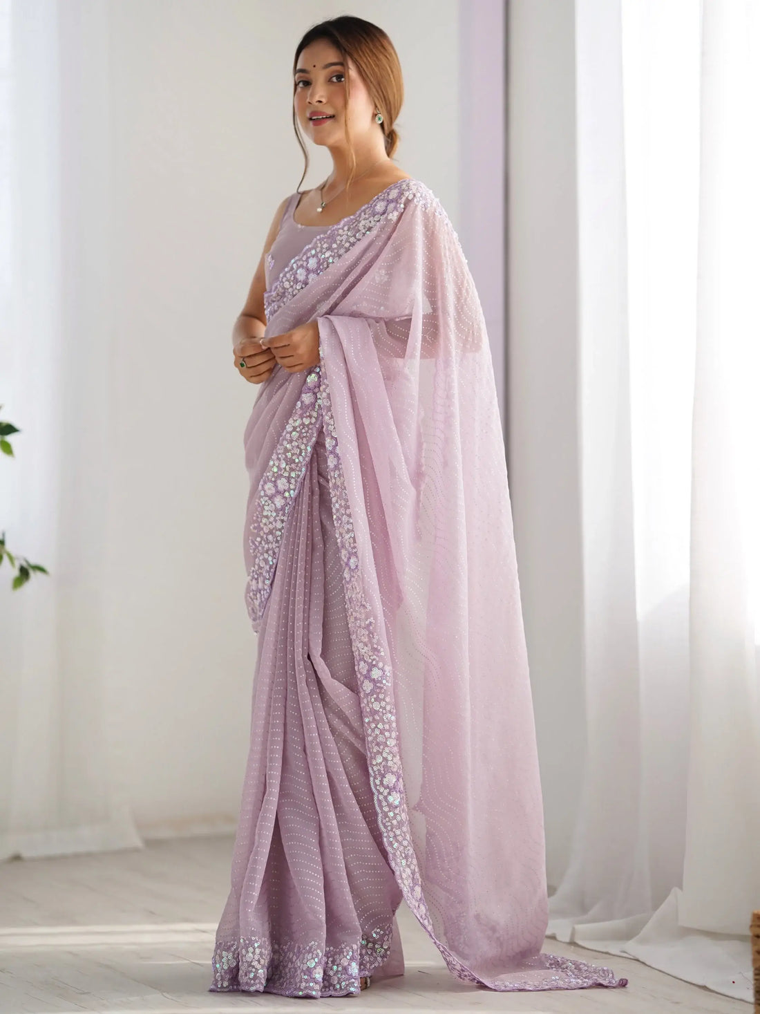 Fantabulous Lavender Embroidered Georgette Wedding Wear Saree - Zeel Clothing