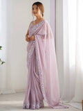 Fantabulous Lavender Embroidered Georgette Wedding Wear Saree - Zeel Clothing
