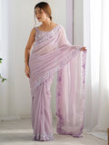 Fantabulous Lavender Embroidered Georgette Wedding Wear Saree - Zeel Clothing