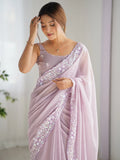 Fantabulous Lavender Embroidered Georgette Wedding Wear Saree - Zeel Clothing