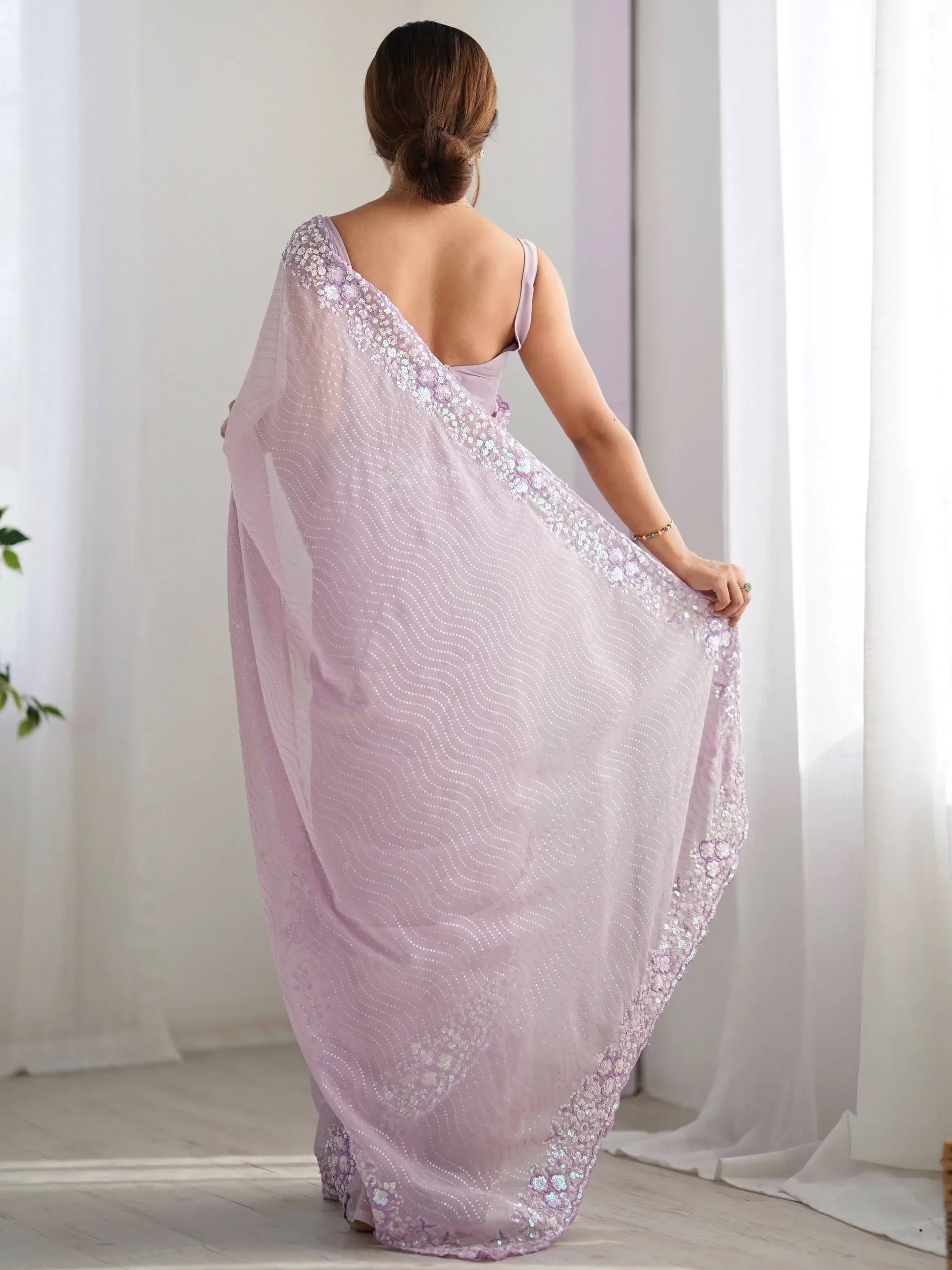 Fantabulous Lavender Embroidered Georgette Wedding Wear Saree - Zeel Clothing