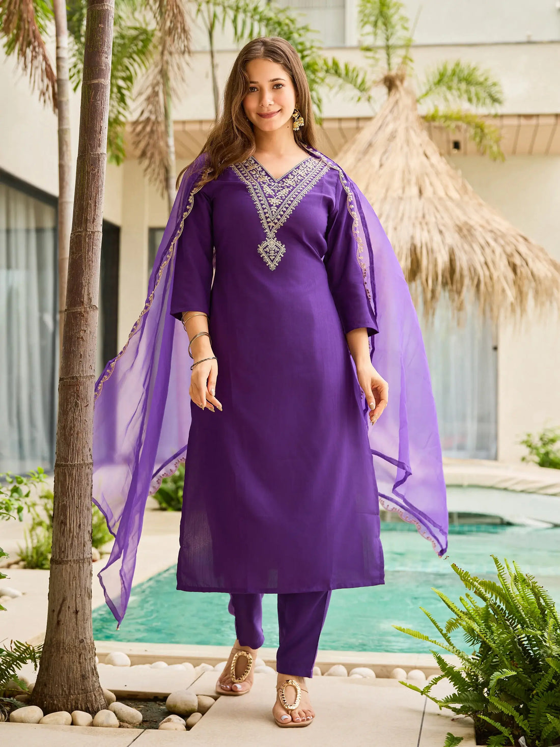 Fantabulous Purple Embroidered Rayon Event Wear Pant Suit With Dupatta - Zeel Clothing