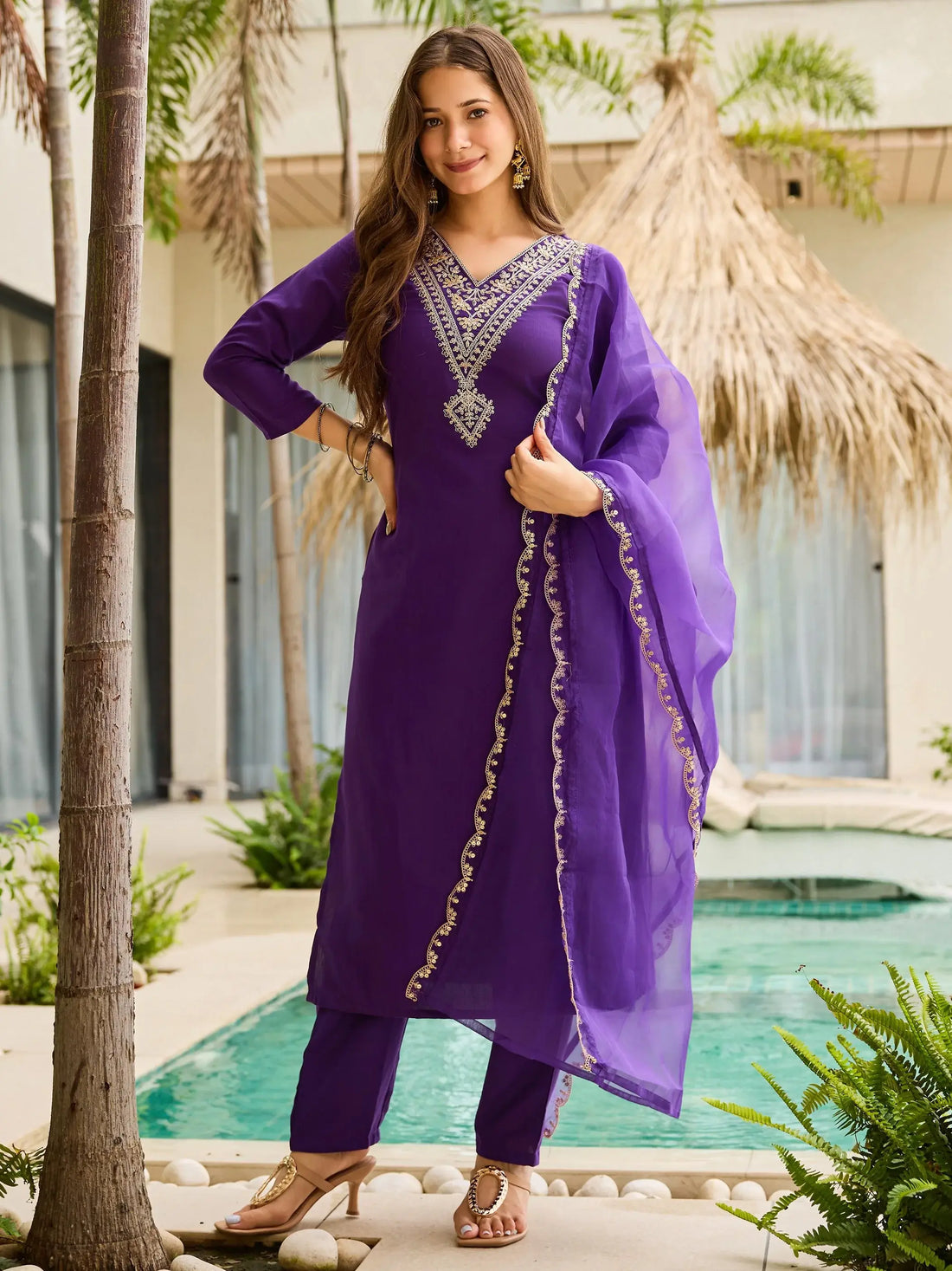 Fantabulous Purple Embroidered Rayon Event Wear Pant Suit With Dupatta - Zeel Clothing