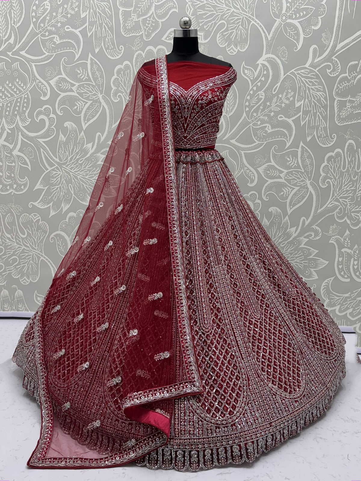 Fantabulous Red Dori Embroidered Net Bridal Lehenga Choli With Dupatta - Zeel Clothing
