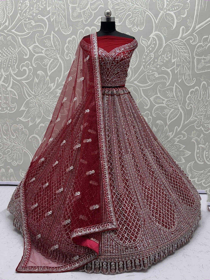 Fantabulous Red Dori Embroidered Net Bridal Lehenga Choli With Dupatta - Zeel Clothing