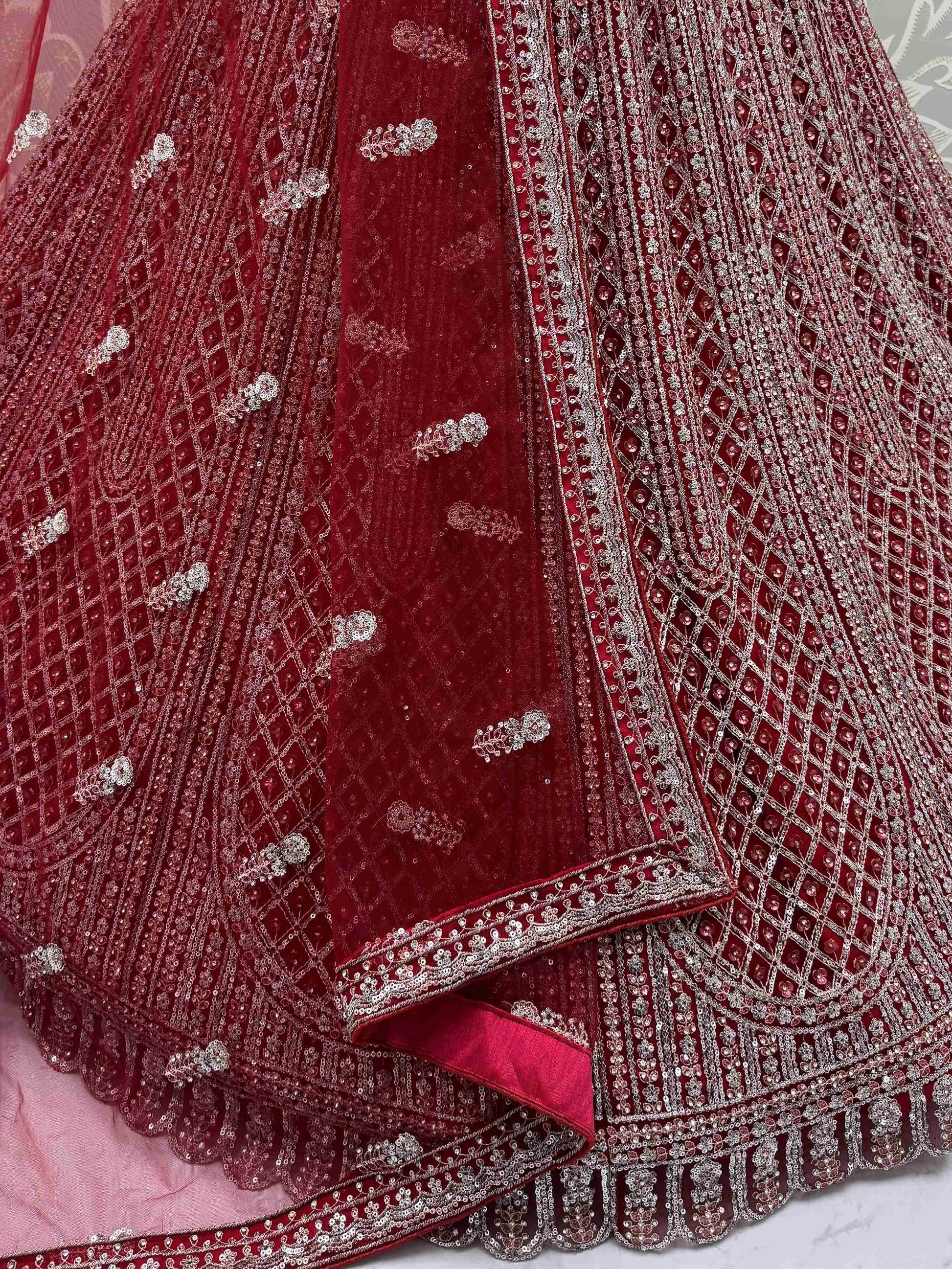 Fantabulous Red Dori Embroidered Net Bridal Lehenga Choli With Dupatta - Zeel Clothing