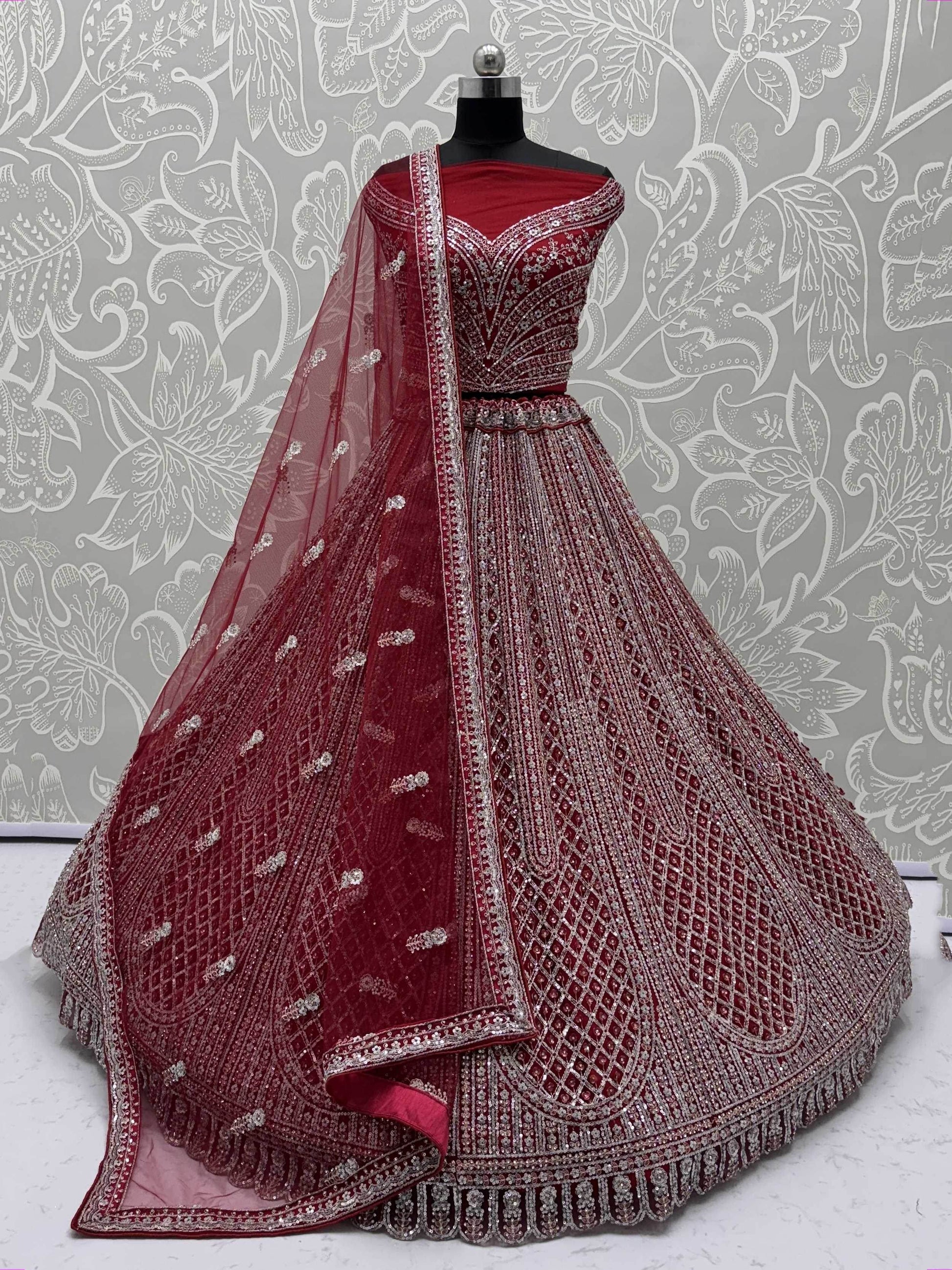 Fantabulous Red Dori Embroidered Net Bridal Lehenga Choli With Dupatta - Zeel Clothing