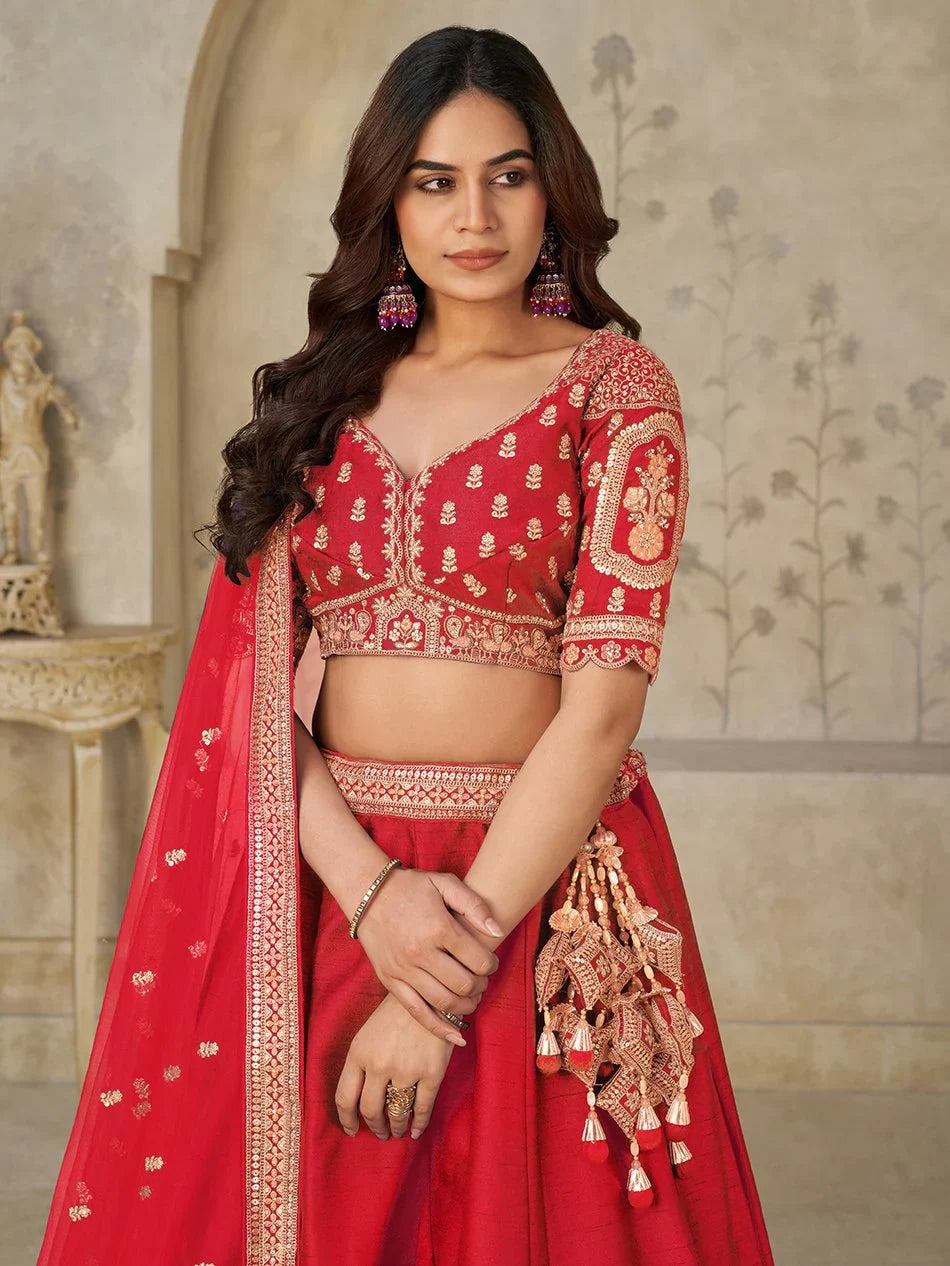 Fantabulous Red Zari Work Silk Bridal Lehenga Choli With Dupatta