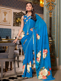 Fantabulous Royal Blue Floral Printed Georgette Saree With Blouse - Zeel Clothing