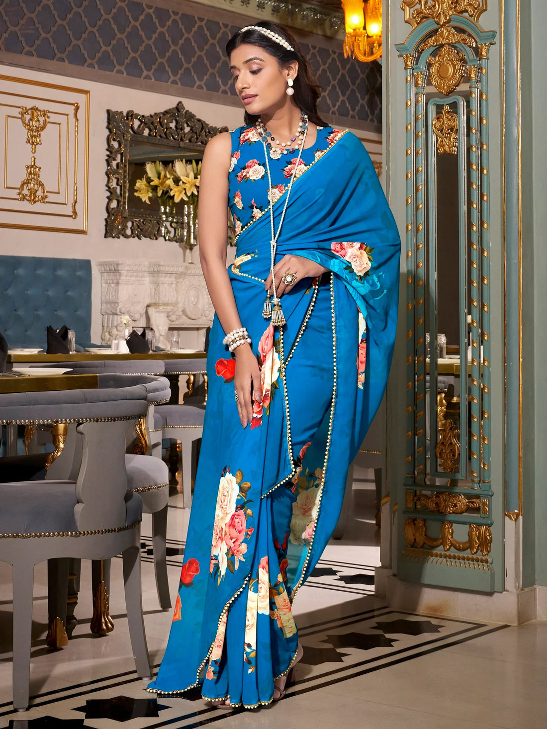 Fantabulous Royal Blue Floral Printed Georgette Saree With Blouse - Zeel Clothing