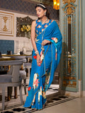 Fantabulous Royal Blue Floral Printed Georgette Saree With Blouse - Zeel Clothing