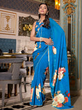 Fantabulous Royal Blue Floral Printed Georgette Saree With Blouse - Zeel Clothing