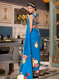 Fantabulous Royal Blue Floral Printed Georgette Saree With Blouse - Zeel Clothing