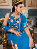 Fantabulous Royal Blue Floral Printed Georgette Saree With Blouse - Zeel Clothing
