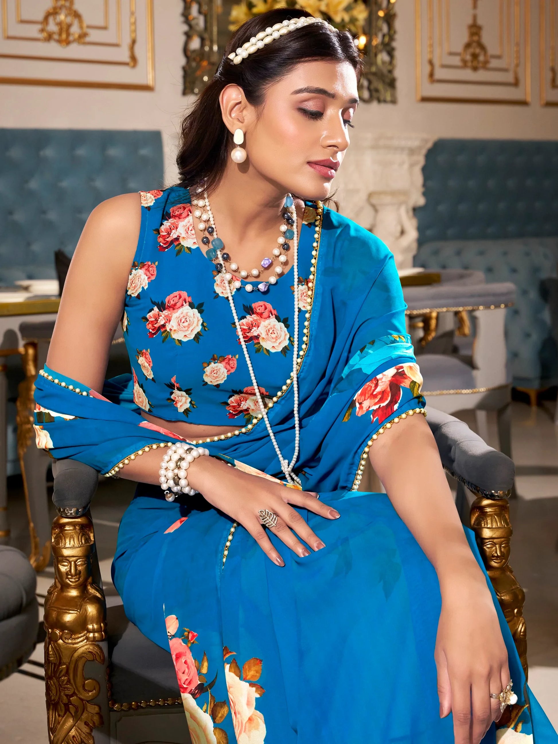 Fantabulous Royal Blue Floral Printed Georgette Saree With Blouse - Zeel Clothing