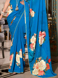 Fantabulous Royal Blue Floral Printed Georgette Saree With Blouse - Zeel Clothing
