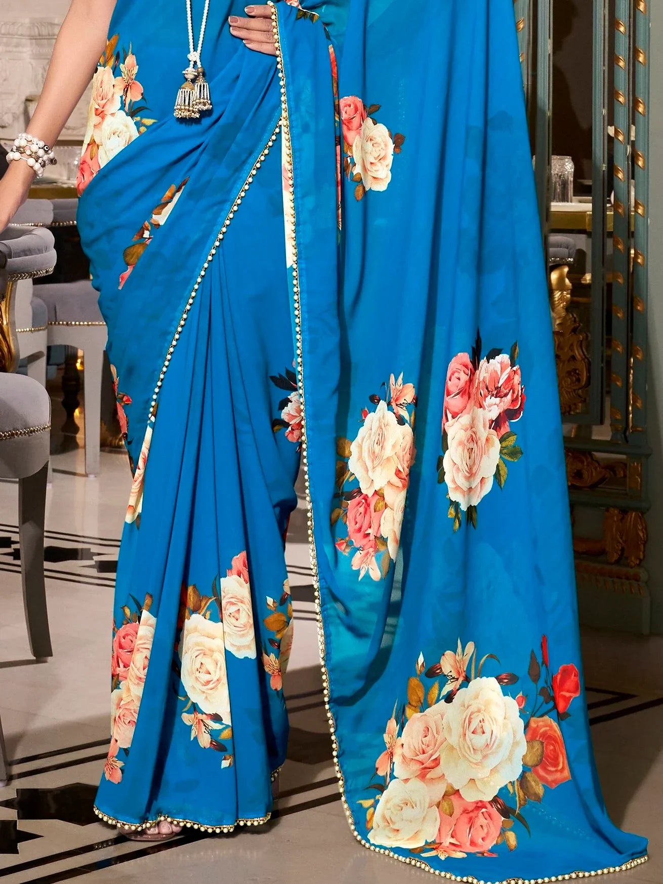 Fantabulous Royal Blue Floral Printed Georgette Saree With Blouse - Zeel Clothing