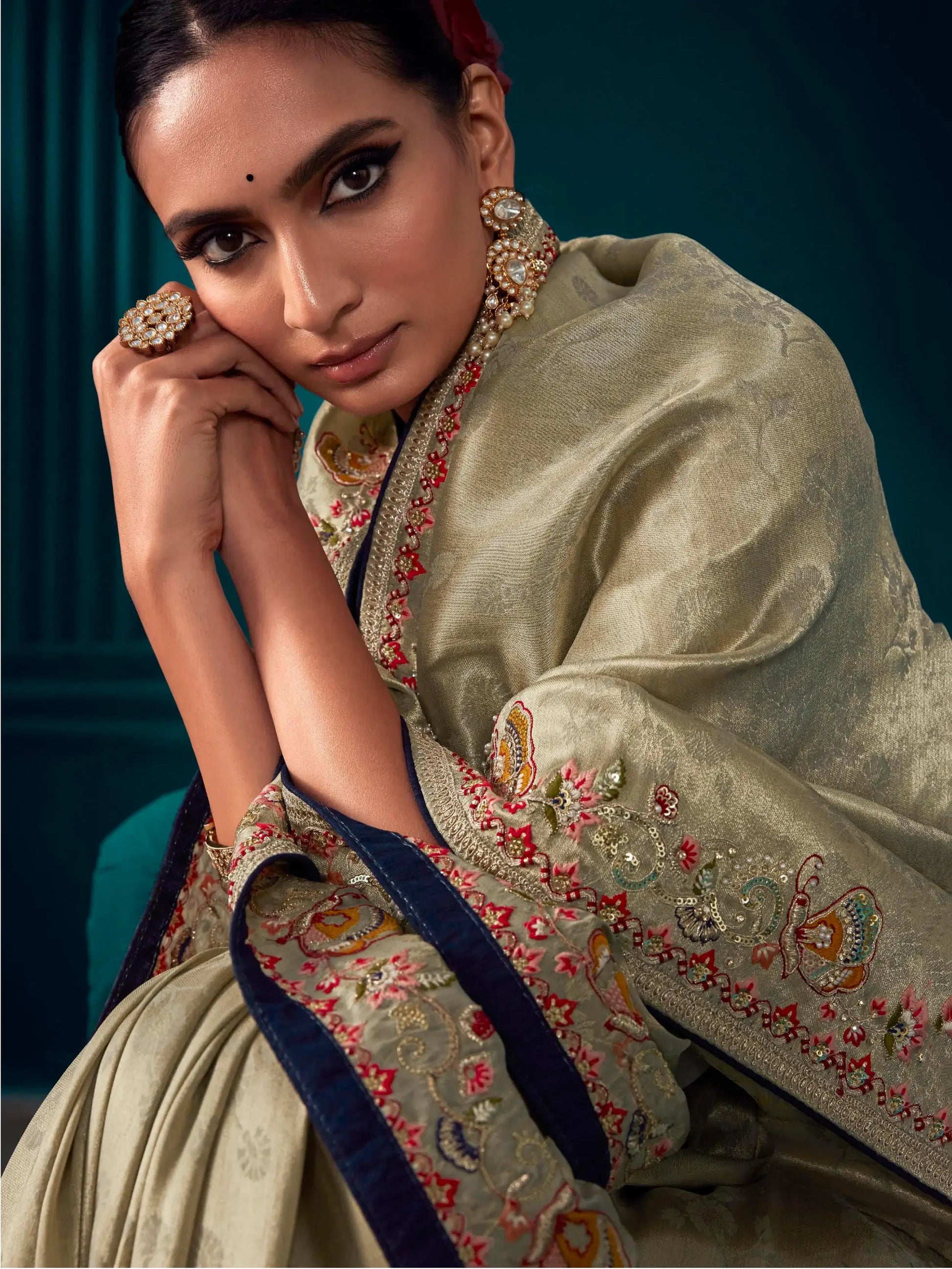 Fantastic Beige Embroidered Kanjivaram Silk Wedding Wear Saree - Zeel Clothing