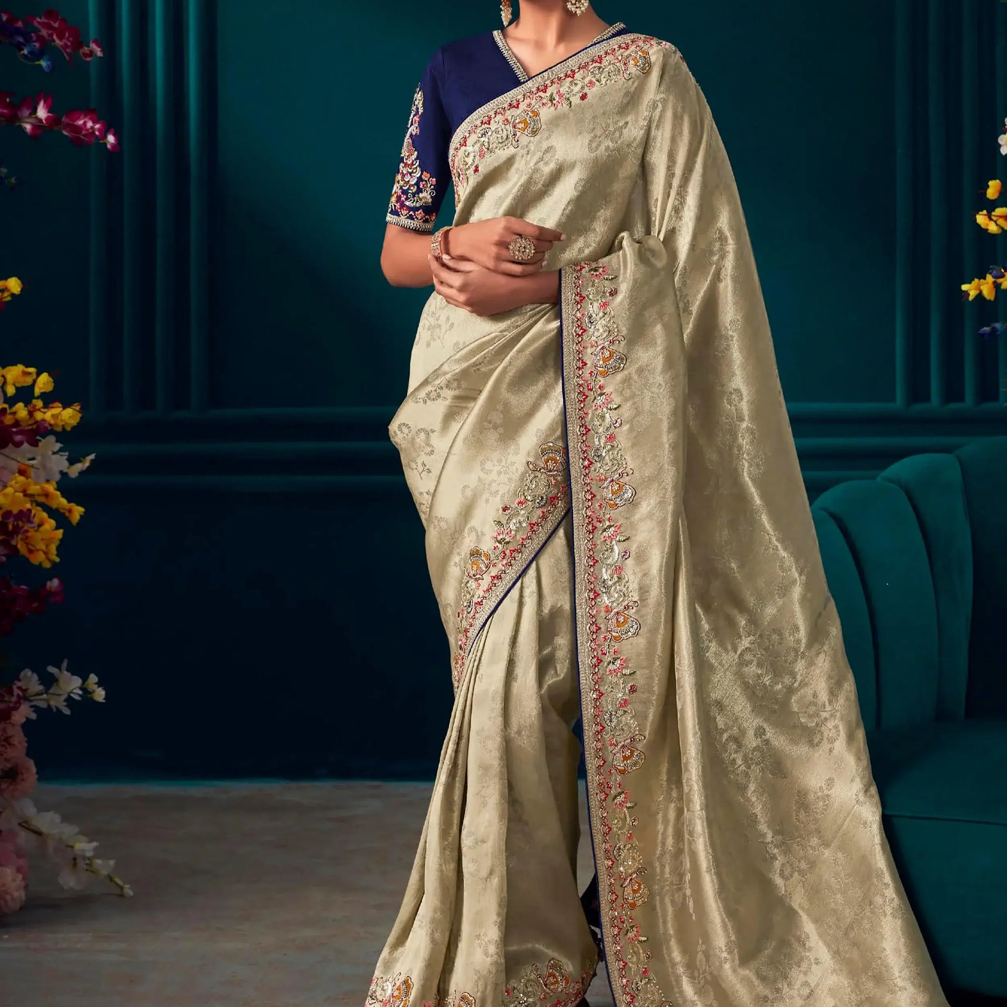 Fantastic Beige Embroidered Kanjivaram Silk Wedding Wear Saree - Zeel Clothing