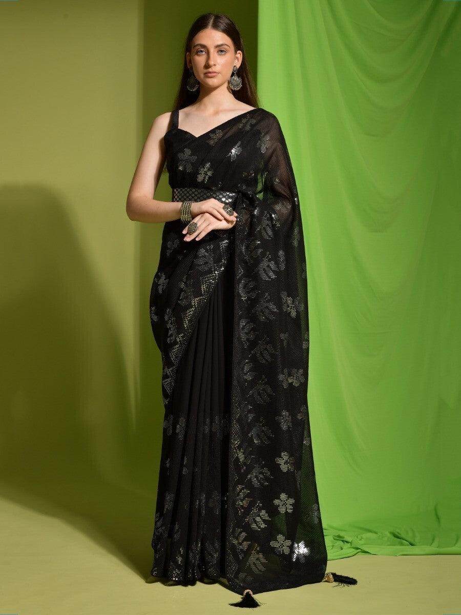 Fantastic Black Sequins Georgette Party Wear Saree With Blouse - Zeel Clothing