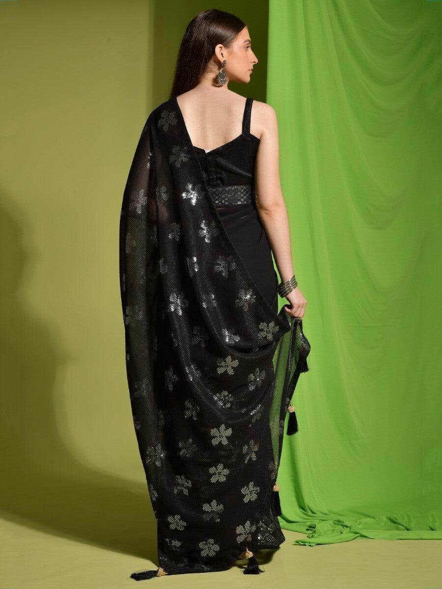 Fantastic Black Sequins Georgette Party Wear Saree With Blouse - Zeel Clothing