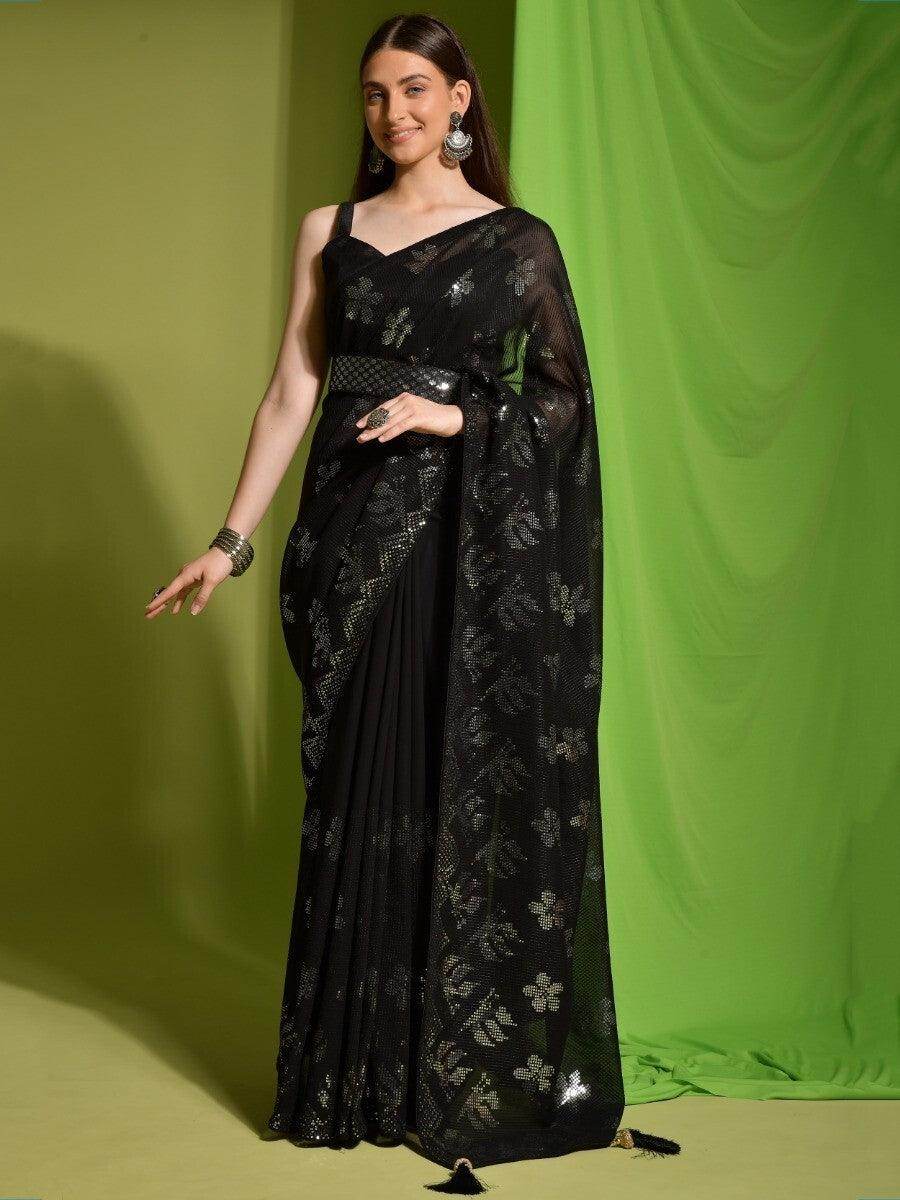 Fantastic Black Sequins Georgette Party Wear Saree With Blouse - Zeel Clothing