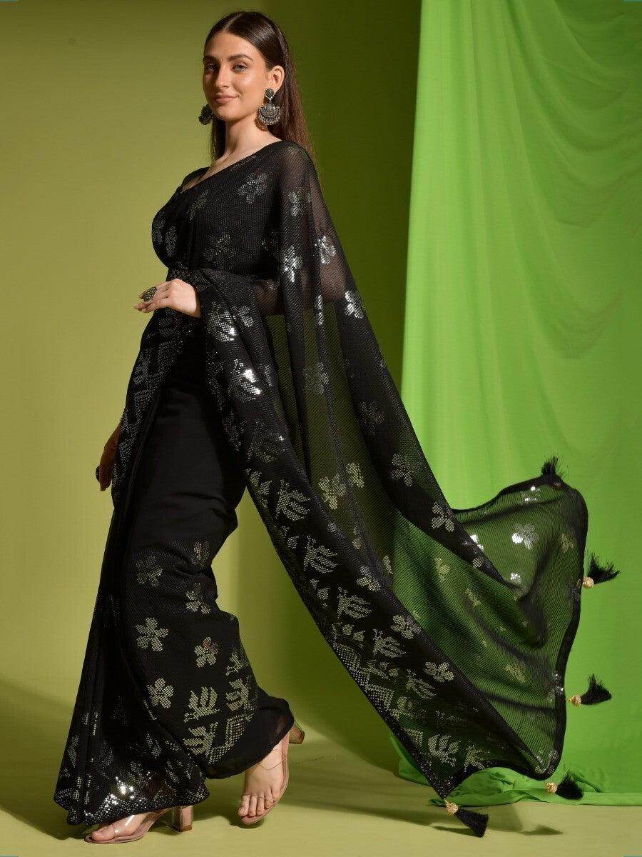 Fantastic Black Sequins Georgette Party Wear Saree With Blouse - Zeel Clothing