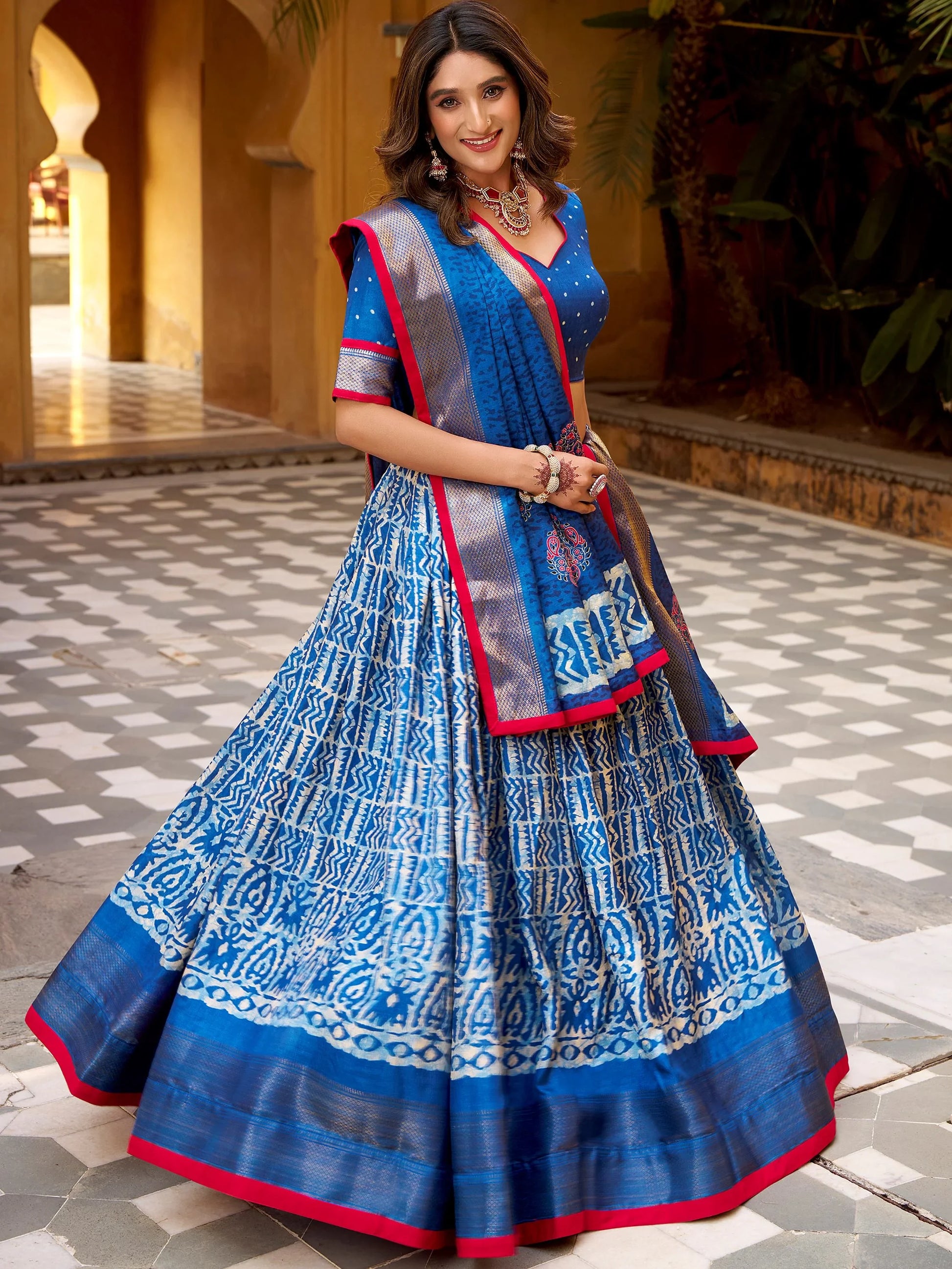 Fantastic Blue Printed Dola Silk Traditional Lehenga Choli With Dupatta